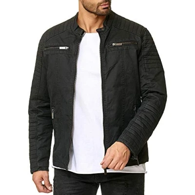 Image de Red Bridge Hommes Veste Simili Cuir Côtelé Véritable Blouson Transition Moto Coton Vestes, Noir Coton, L