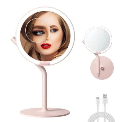 Image de AMIRO Miroir de Maquillage à LED 8,5 po avec 5 Niveaux luminosité, Charge grossissant 1X/5X lumière, Commande Tactile, Rotation 180 (Miroir en Plastique Rose)