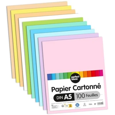 Image de perfect ideaz 100 feuilles de carton photo pastel DIN A5, bricolage, teinté dans la masse, en 10 coloris différents, grammage 300 g/m², à qualité élevé