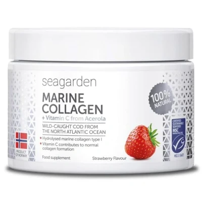 Image de COLLAGÈNE MARIN + Vit C Collagène à boire Peptides de Hydrolysés Complément Alimentaire Articulations Souples, Peau Lisse et Hydratée Goût fraise 150 g Seagarden