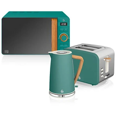 Image de Swan Nordic Set petit déjeuner bouilloire 1,7 L 2200 W, grille pain à fente large 2 tranches, micro ondes 20 numérique, design moderne, effet bois, vert