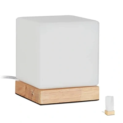 Image de Relaxdays 10027473_615 Lampe de Table Salon et Chambre à Coucher, en Bois Verre Opale, E14, veilleuse, Cube, Nature, Blanc Brun, 15 x 12 cm
