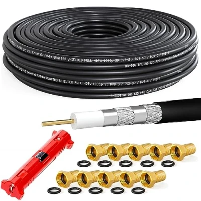 Image de HB DIGITAL 20m câble coaxial Sat HQ 135dB Pro INCL. Pince à dénuder + 10 fiches F plaquées Or d&#039;antenne Satellite Quadruple blindé pour systèmes Radio BK DVB S/S2 C/C2 T/T2 Dab+., Noir