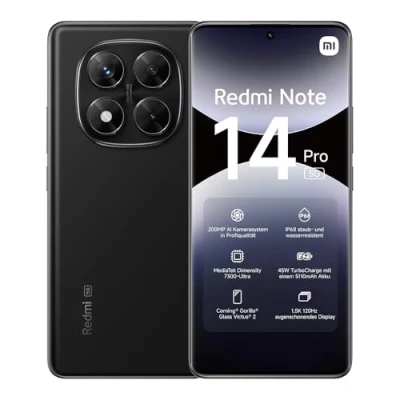 Image de Xiaomi Redmi Note 14 Pro 5G, 8 + 256 Go, Noir, caméra AI de qualité Professionnelle 200 MP, IP68, Charge Turbo 45 W avec Batterie 5110 mAh, fonctionnalités IA (Chargeur Non Inclus), Garantie 2 Ans