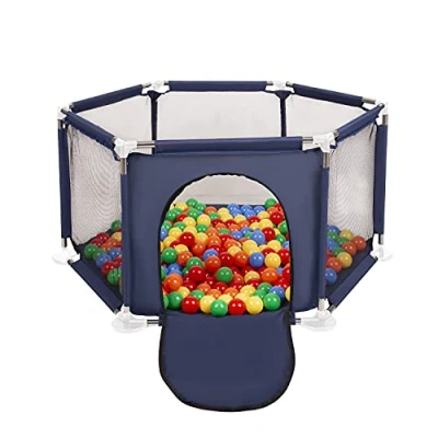 Image de Selonis Parc Bébé Hexagonal Pliable Avec 200 Balles Plastiques, Bleu:Jaune/Vert/Bleu/Rouge/Orange