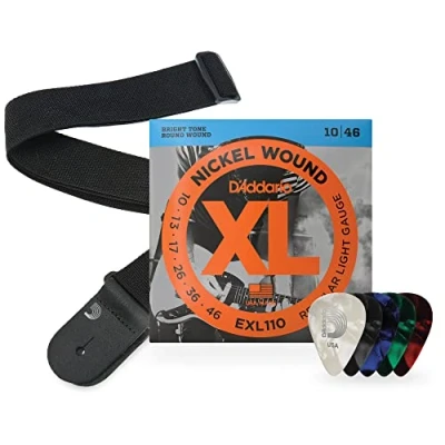 Image de Bundle de guitare électrique D&#039;Addario, contenant ; EXL110 Cordes légères régulières, sangle en polypro noir, médiators celluloïd assortis