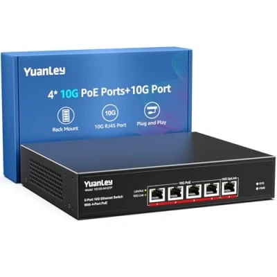 Image de YuanLey Commutateur PoE Non Géré à 5 Ports 10G avec 4 PoE, x Base T, 1 Uplink 10G, IEEE802.3af/at, 65W, Compatible 1G/2.5G/5G/10G, Réseau 10Gbe Montable Rack