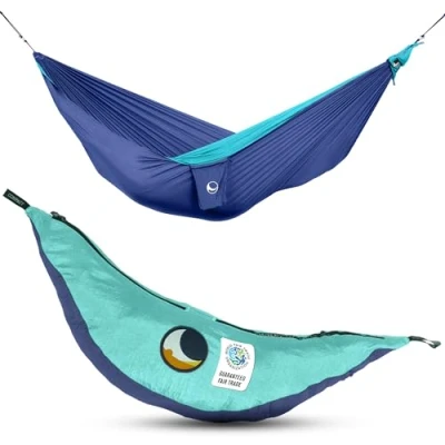 Image de Ticket to the Moon Fair Trade &amp; Artisanal 1 2 Personnes Léger Original Hamac Bleu Roi/Turquoise pour Voyages, Camping, Jardin, XL 3.2 * 2m, 600g, Nylon en Soie De Parachute, Installation &lt; 1min