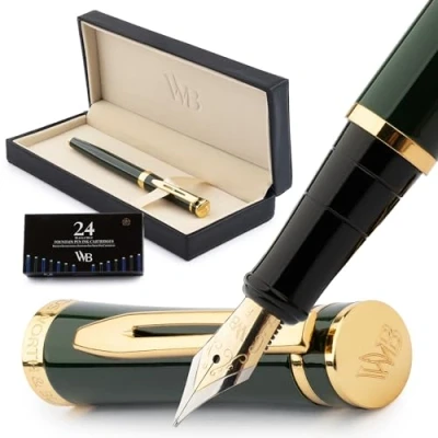 Image de Wordsworth &amp; Black Ensemble Stylo Plume, Plume Fine Dorée 18 Carats, Comprend 24 Cartouches D&#039;encre, Convertisseur De Recharge D&#039;encre Et Coffret Cadeau, Finition Dorée, Calligraphie [Vert Course]