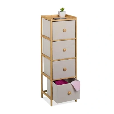 Image de Relaxdays Commode étroite, HLP : 94 x 31 30 cm, 4 tiroirs en Tissu, Chambre, Salon, Bambou &amp; Beige/Nature
