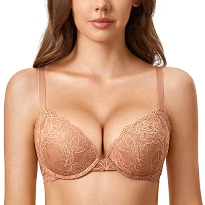 Image de DOBREVA Femme Soutien Gorge Push Up Dentelle avec Armatures Plongeant Rembourré Moulé Café à la crème 105C