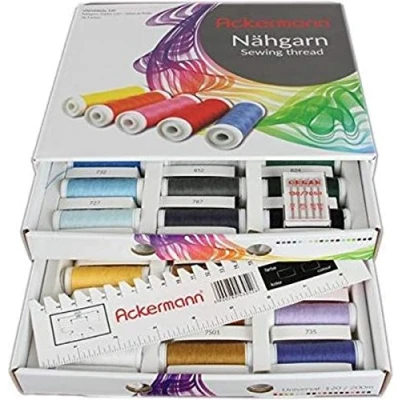 Image de Ackermann Universal 120 fil à coudre 36 couleurs x 200 m (fil coudre) dans une boîte pratique Assortiment de fils coudre, qualité.