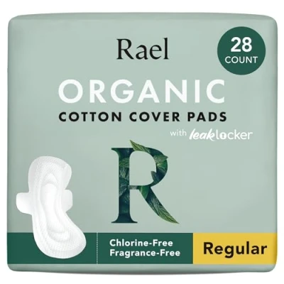 Image de Rael Serviette Hygiénique en Coton Bio Flux Modéré, Avec Ailettes, Ultra fin, Hypoallergéniques, Sans Parfum (Régulier, 28 Serviettes)