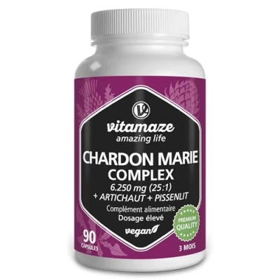 Image de Complexe de Chardon Marie avec Artichaut et Pissenlit 90 Gélules Végétaliennes pour 3 Mois Hautement Dosé 250 mg d&#039;extrait 80% Silymarine Complément alimentaire naturel sans additi
