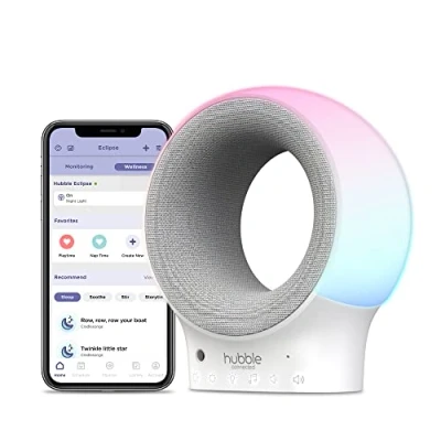 Image de Hubble Connected Eclipse Babyphone et apaiseur audio Wi Fi intelligent avec veilleuse 7 couleurs, SleepTrainer, berceuses préchargées, enceinte Bluetooth capteur de température ambiante