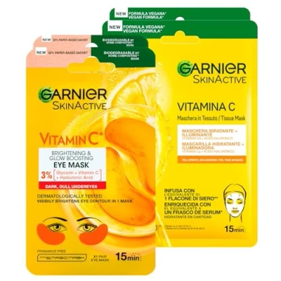 Image de Garnier SkinActive Vitamin C Masque Contour des Yeux Illuminant Acide Hyaluronique en Tissu Biodégradable 2 Applications + Visage Jetable Hydratant