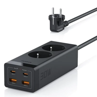 Image de TESSAN Multiprise USB C PD 30W, GaN Charge Rapide, Prise Multiple avec 4 USB, 2 Prises Rallonge Electrique 2M, Parafoudre 3600W 16A, 6 en 1 Bureau, Noir