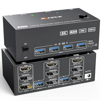 Image de Commutateur KVM 3 moniteurs 2 ordinateurs 8K@60Hz 4K@144Hz, HDMI + Displayport Switch triple moniteur pour partagés et 4 appareils USB 3.0, télécommande filaire inclus