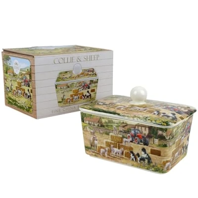 Image de The Leonardo Collection Plat à beurre en porcelaine fine avec couvercle Motif Collie and Sheep, LP95924