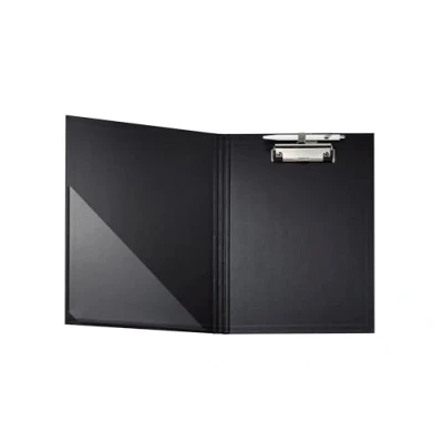 Image de Exacompta Réf. 18291E Porte bloc à pince avec rabat Support pour stylo Pochette plastique en angle Dimensions : 23 x 32 cm document format A4 Coloris noir