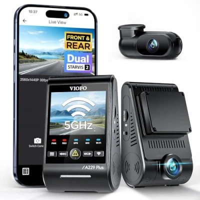 Image de VIOFO A229 Plus Caméra embarquée 2K + Dual Starvis 2, HDR avant arrière, commande vocale et Wi Fi 5 GHz, GPS ultra précis, super vision nocturne 2.0, grand écran LCD 2,4&quot;, sortie vocale, 512 Go max