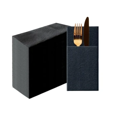 Image de PAW Airlaid Pocket Serviettes (39 x 40 cm) I 50 pièces Unicolore Semblable à du tissu Élégante décoration de table HoReCa Pour les occasions comme mariages, fêtes Color: Black