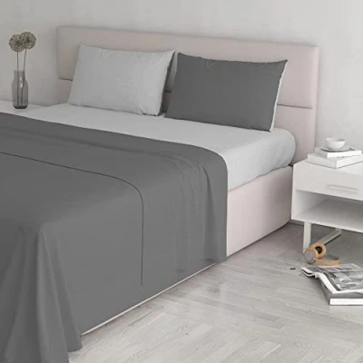 Image de Italian Bed Linen CL NC Grigio chiaro/fumo 2P Natural Color Ensemble de draps lit, Clair/Gris foncé, Double, 100 % Coton