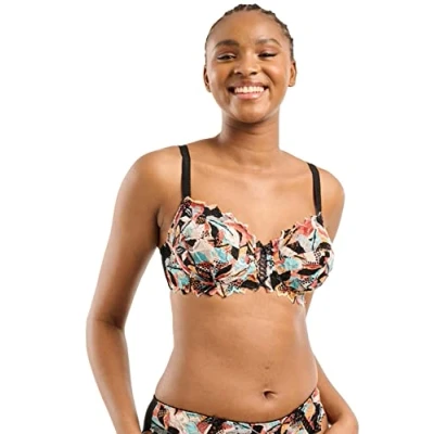 Image de Sans Complexe Soutien Gorge Emboitant avec Armatures, Modèle Arum Mosaïc, Dentelle Florale imprimé Multicolore, Jeux de laçages féminins à l&#039;entre Seins, Imprime Graphic Noir &amp; Multico, 100D