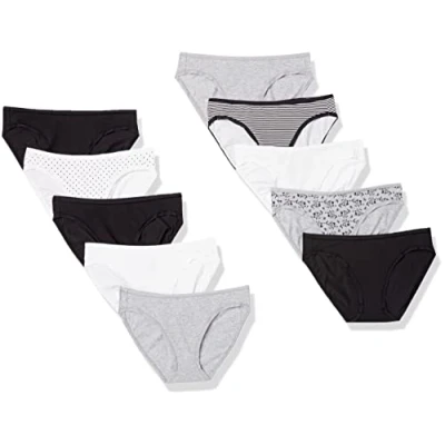 Image de Amazon Essentials Bas de Bikini en Coton (Grandes Tailles Disponibles) Femme, Lot 10, Fleuri/Multicolore/Points/Rayures, 40