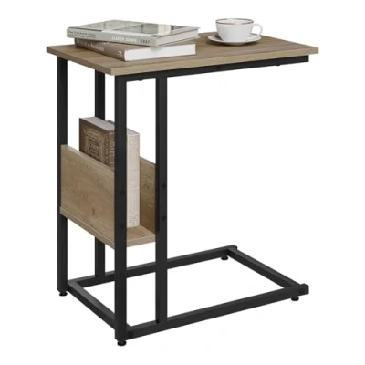 Image de WOLTU Table d&#039;Appoint en Forme de C, Bout Canapé, Basse, Bois d&#039;Ingénierie avec Cadre Métal, Compartiment Rangement, Chêne Gris
