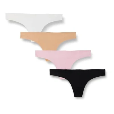 Image de Amazon Essentials String Stretch Thermocollé sans Couture Femme, Lot de 4, Blanc/Fauve/Noir/Rose Clair, 44