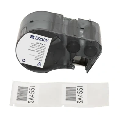 Image de Brady Étiquettes en polyester auto protégé étiqueteuses BMP51/BMP53/M511 140 imprimables adhésives Noir sur blanc, transparent (57,15 mm (l) x 38,10 (H)) M5 129 461