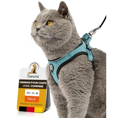 Image de Tierhood Ensemble de Harnais pour Chat avec Laisse Une liberté contrôlée Souple Confortable, réglable et Robuste Chats Actifs (Bleu, M)