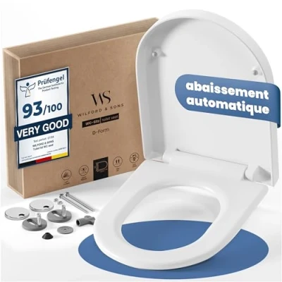 Image de Wilford &amp; Sons PREMIUM Abattant WC Siège avec fermeture douce Forme D Blanc de toilette haute qualité démontable Nettoyage facile Lunette en Duroplast