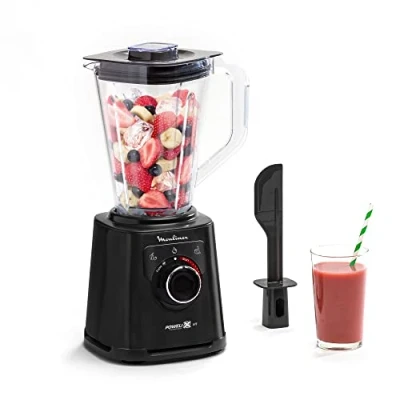 Image de Moulinex Perfect Mix+ LM88A8 mixeur en verre, 1200 W, résultats rapides, capacité 1,5 l, 3 programmes : smoothie, hache glace, autoclean, bol Tritan, avec spatule, noir