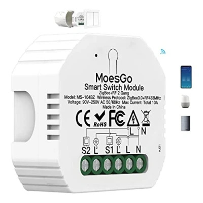 Image de MoesGo Interrupteur ZigBee Alexa Sans Fil, RF433 Commutateur Connecté Intelligent, Commande à Distance Par Téléphone, Relais Compatible Google Home/Alexa，2 Gang【TuYa Hub require 】