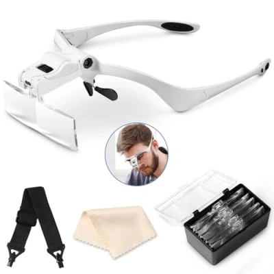 Image de Vinabo Loupe Serre Tête avec Lumière LED, de 5 Lentilles Détachables(1.0X 1.5X 2.0X 2.5X 3.5X), pour Tous Les Travaux Précision, Lecture, Bijoutier, Broderie, Couture, Bijoux