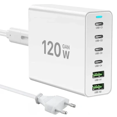 Image de Chargeur USB c 120W GaN，Multiple USB【4USB + 2USB A】 PD, 6 Ports Station de Charge Compatible avec iPhone/Samsung/Google/Tablet/Mobil Power et Autres appareils (Blanc)