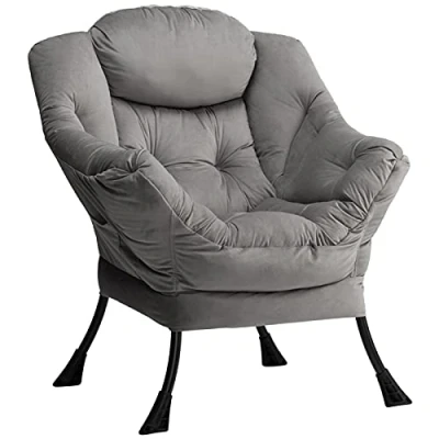 Image de HollyHOME Fauteuil Salon Velours Relax, de Lecture Scandinave Chaise D&#039;appoint avec Accoudoirs, Chambre en Acier, Gris Foncé