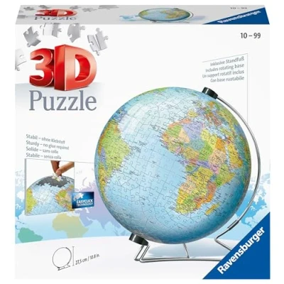 Image de Ravensburger Puzzle 3D Ball éducatif Globe terrestre A partir de 10 ans 540 pièces numérotées à assembler sans colle Support rotatif inclus 12436