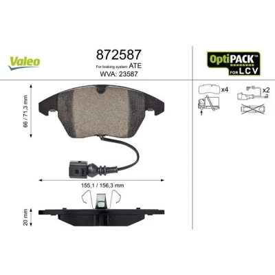 Image de VALEO 872587 Jeu de plaquettes frein Essieu avant contact signal d&#039;usure inclus sans kit vis fixation, pour conditions d’usage difficiles