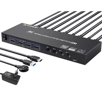 Image de Switch KVM USB 3.0 HDMI 4 PC 1 Moniteur, Ports 4K@60Hz EDID Simulé, Commutateur Partage Périphériques Souris Sans Fil Clavier Imprimante, avec 5 Câbles et Wired Remote