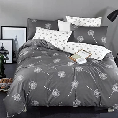 Image de KEAYOO Parure de lit réversible 155 x 220 cm en coton pour l&#039;hiver jusqu&#039;à l&#039;été Gris et blanc Motif pissenlit 100 % doux au toucher Avec fermeture éclair