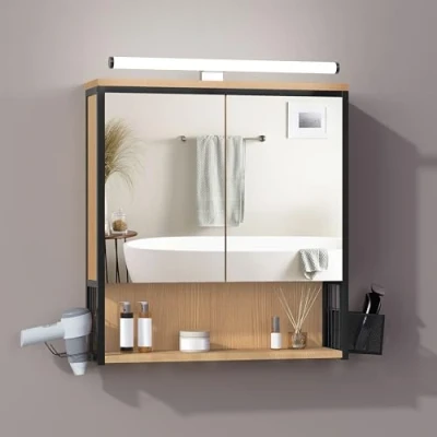 Image de EUGAD Armoire Murale Salle de Bain avec Miroir et LED, Meuble Bain, Toilette, Étagère Réglable, Support Sèche Cheveux, Chêne Clair+Noir