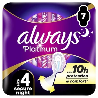 Image de Always Platinum Serviettes Hygiéniques, Taille 4, Secure Night, 7 Avec Ailettes, Flux Abondants Nuit, Format Eco, Douces et Flexibles, Super Absorbantes Ultra Fines