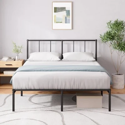 Image de Zinus Justin lit 190x140 cm Cadre de en métal avec tête Montage Facile Hauteur 30 Support Lattes Espace Rangement sous Le Design Moderne Noir