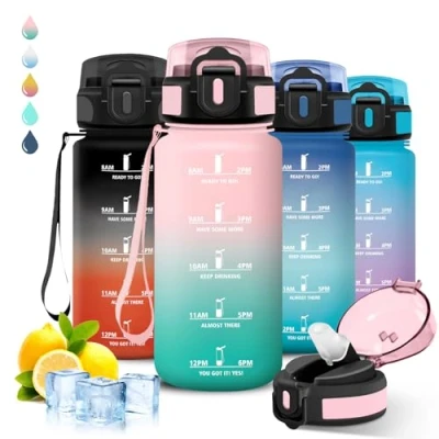 Image de Gourde Enfant, 500ml, avec Paille, Anti Fuite, Graduée pour 1 Journee, Facile à Nettoyer, Motivation, Verrou de Sécurité, Slogan École, Camping