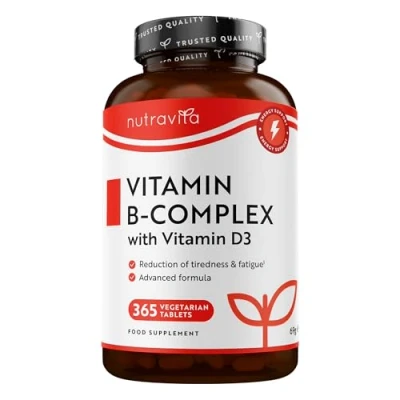 Image de Vitamine B Complex Extra Fort avec D 365 Comprimés 1 an d&#039;Approvisionnement Sans Gluten 8 Vitamines actives B1, B2, B3, B5, B6, B7 (Biotine) B9 (Acide Folique) B12 Nutravita