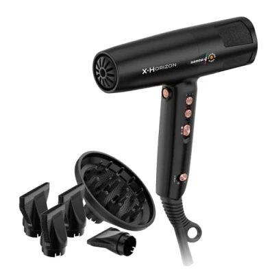 Image de GAMMA+ X Horizon Sèche cheveux Ionique, Professionnel Ultra léger 290 gr, Dual Ionic Technology, Système d&#039;Alerte Nettoyage Filtre, 120.000 tr/min, Made in Italy (Noir, Prise Schuko)
