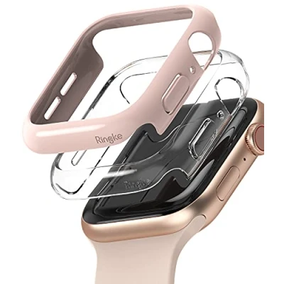 Image de Ringke [Slim] Coque Compatible avec Apple Watch 44mm Series 6/5 / 4 SE/SE 2 [2 Pack] Transparente Solide Rigide Bumper Clear &amp; Peach Pink